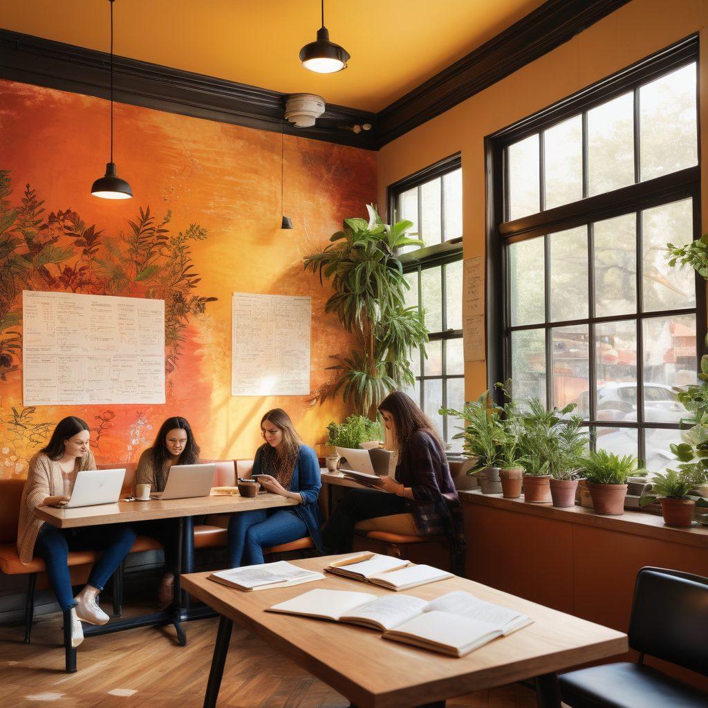 A captivating scene featuring a diverse group of people gathered around laptops and notebooks, sharing ideas in a cozy coffee shop setting filled with warm colors and plants. An open journal lies prominently on the table, filled with handwritten notes and sketches, symbolizing creativity and community. The background depicts a vibrant mural representing thought leadership, with light streaming through large windows. super-realistic. warm tones. vibrant colors.