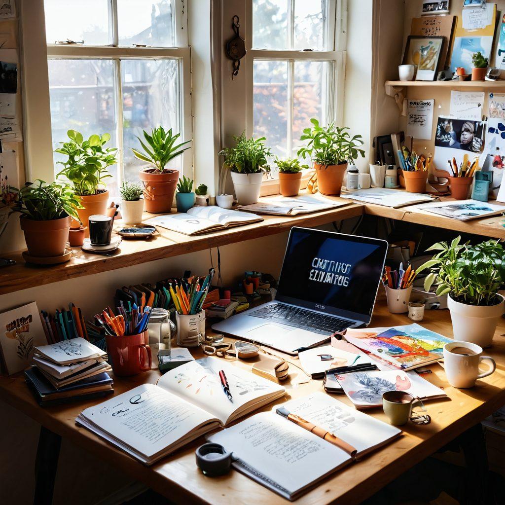An artist's workspace cluttered with colorful paints, sketchbooks, and digital devices, showcasing the vibrant process of content creation. The scene features a person joyfully crafting ideas, surrounded by inspiring quotes and lifestyle elements like plants and coffee cups. Sunlight filters through a window, creating a warm and inviting atmosphere. super-realistic. vibrant colors. 3D.