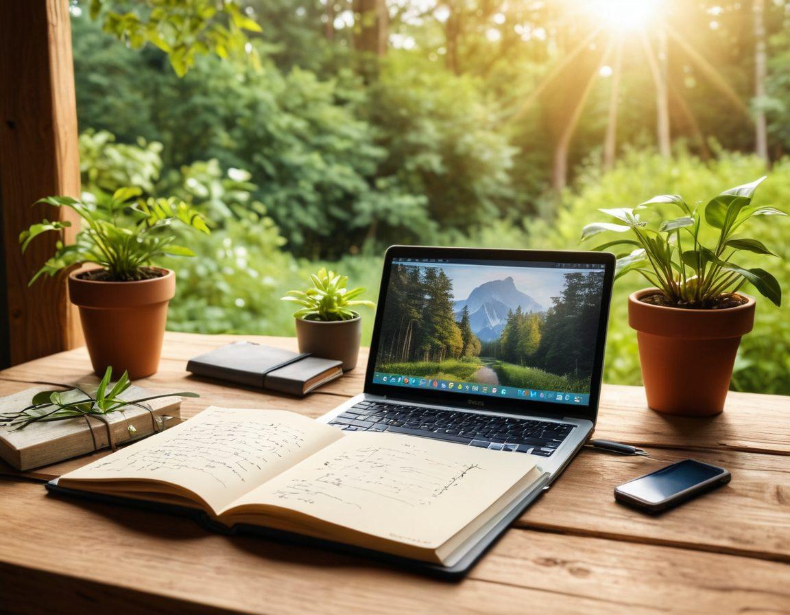 A beautifully crafted digital diary opened on a wooden table, surrounded by nature elements like leaves, flowers, and a small plant. The diary should be filled with colorful, handwritten notes and doodles representing sustainable living. A warm, sunlight glow filters through the trees, enhancing the inviting atmosphere. In the background, a cozy workspace with a laptop and eco-friendly materials can be seen. vibrant colors. super-realistic.